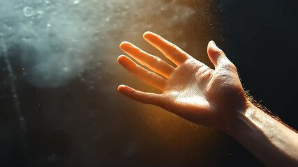 A human hand reaching out towards a glowing light, with a dark background suggesting mystery - Powered by Adobe