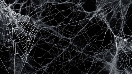 Intricate spiderweb network against a dark background.