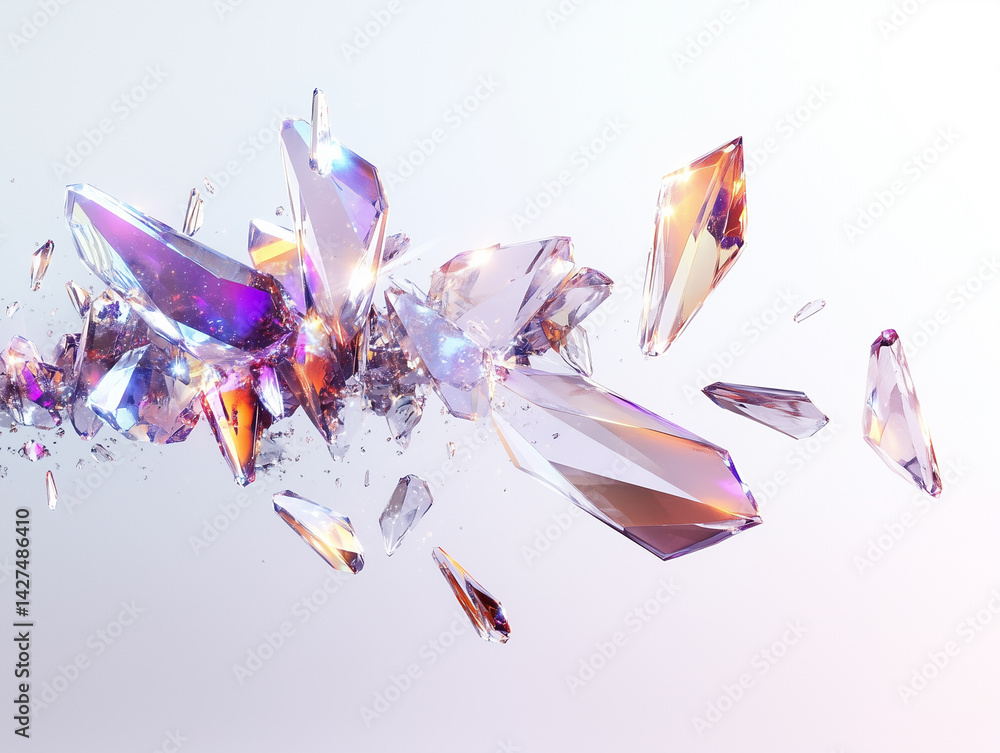 Poster a scattered array of iridescent crystals floating against a bright white seamless background space a