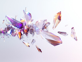 A scattered array of iridescent crystals floating against a bright white seamless background space...