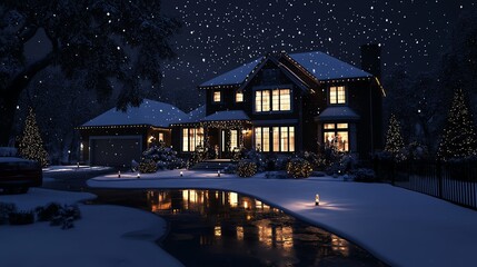 Fototapeta premium Festive Home Lit with Christmas Lights During Winter Snowfall Night