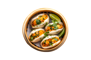 Delicious Orange Steamed Buns in Bamboo Steamer Lime Garnish Cilantro Topping,