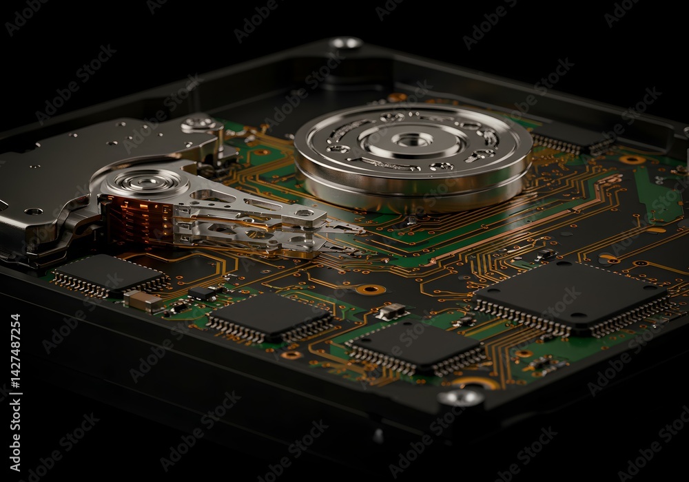 Poster close-up detailed view of a hard disk drive's internal components and circuitry