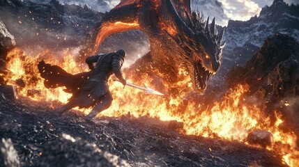 a close up of a dragon attacking a man with a sword