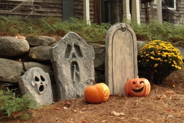 Halloween graveyard display with decorative tombstones.