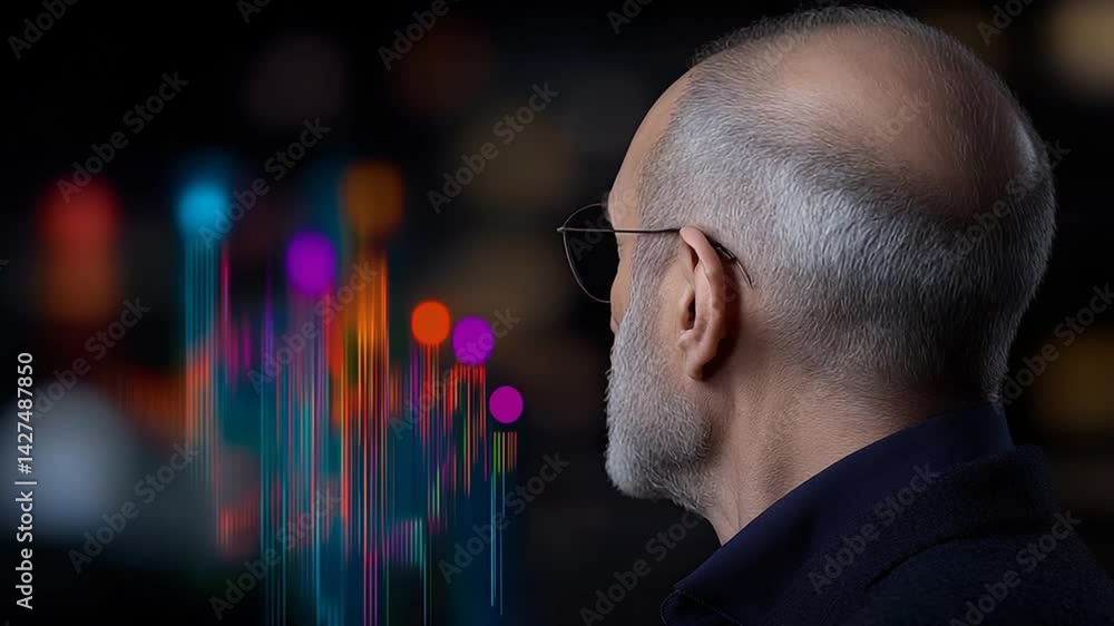 Aufkleber thoughtful senior man with glasses reflecting on colorful data visualization in a thoughtful and int