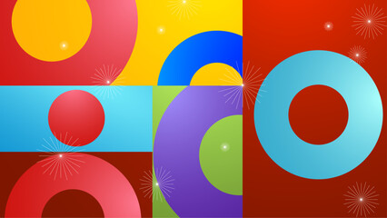 Obraz premium Colorful geometric shapes and white stars perfect for abstract backgrounds, social media posts, invitations, and graphic design projects.