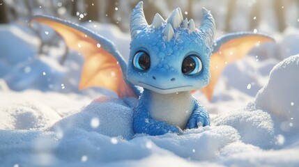 A cute, small, blue dragon with large amber eyes, tiny wings, and red inner ears sits in the snow.