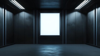 Empty, futuristic elevator shaft with blank billboard.