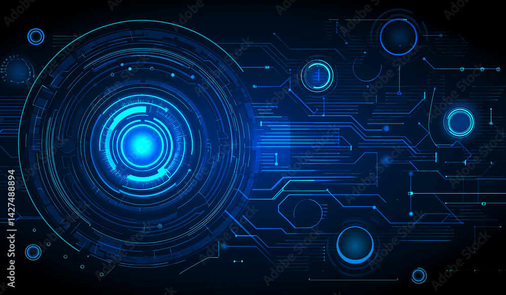 Poster a digital rendering of a blue circuit board with glowing circles and connected lines on dark backgro