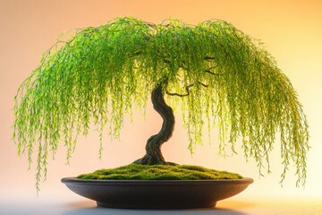 Elegant weeping willow bonsai artfully displayed.