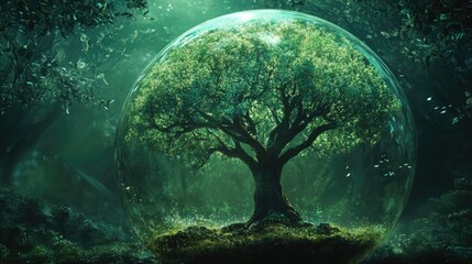 a close up of a glass ball with a tree inside, tree of life inside the ball