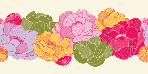 Chinese modern vector seamless border with oriental color peony flowers and leaves of line style. Asian background of line flowers. Design illustration for wallpaper, card, poster, advertising.
