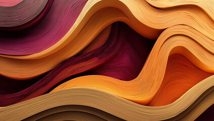 Abstract image showing layers of wavy textured material in shades of brown orange and purple