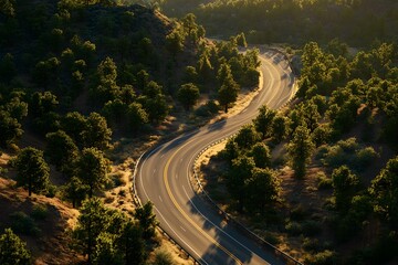 Fototapeta premium Aerial view of a winding road through a forest with sunlight shining on the trees and the road