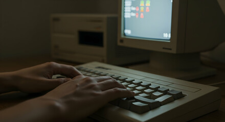 Vintage computer technology user typing on keyboard in dark room retro computing old school technology history