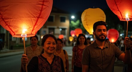 Naklejka premium Nighttime Lantern Festival Parade: Illuminated Sky and Joyful Faces