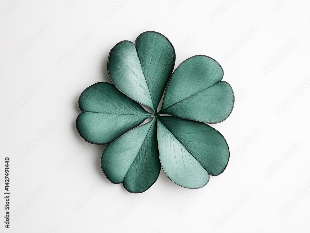 Poster a close up of a five leaf clover on a white background with soft lighting and a simple composition