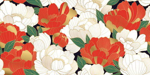 Chinese luxury seamless vector pattern with oriental peony flowers and leaves. Asian background of gold lines art texture. Design illustration for wallpaper, card, poster, packaging, advertising © Valedi 