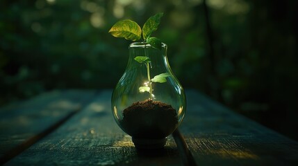 a green light bulb with a plant inside of it, green energy, environmental light