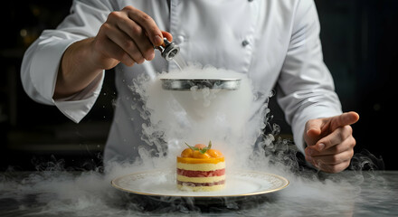 Chef dusting powdered sugar on a layered dessert creating a dramatic smoky effect with dry ice