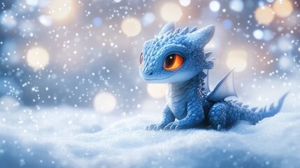 A cute, small, blue dragon with large amber eyes, tiny wings, and red inner ears sits in the snow.