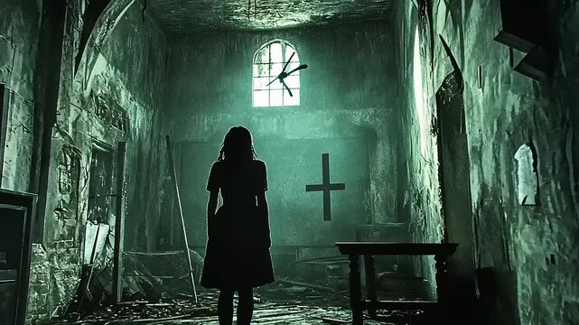 A mysterious figure stands in a dilapidated room with eerie lighting, creating a haunting atmosphere