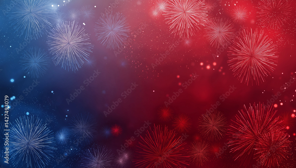 Aufkleber fireworks display on red and blue gradient background with bokeh lights and sparkling particles