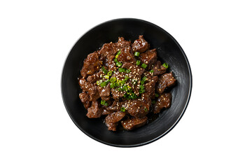Delicious Beef Stir Fry in Black Bowl Sesame Seeds Green Onions,