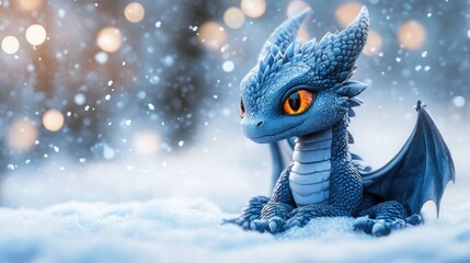 A cute, small, blue dragon with large amber eyes, tiny wings, and red inner ears sits in the snow.