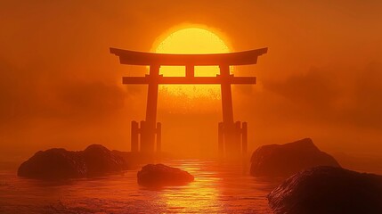 夕日に輝く海中鳥居のシルエット