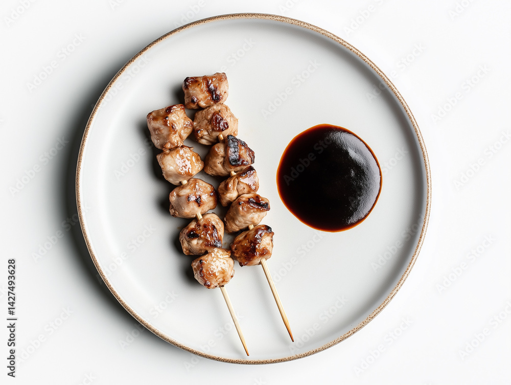 Poster Overhead view of chicken skewers on a plate with a dark sauce against a white background studio shot
