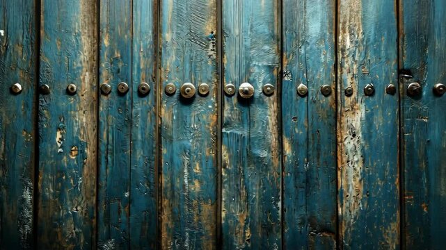 Weathered blue wooden door with rustic metal bolts forming pattern on wood