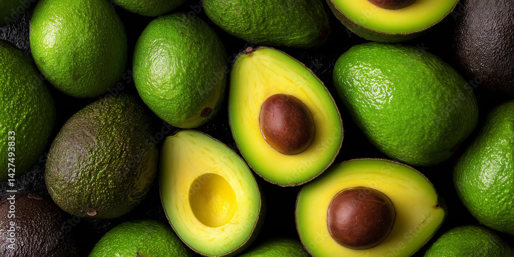 Poster a close up shot of whole and halved avocados with pits on a dark surface in a top down view