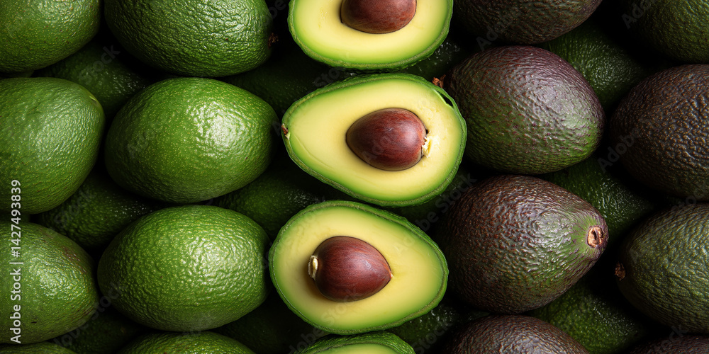 Poster a close up view of whole and halved avocados with pits displayed in a dark green background