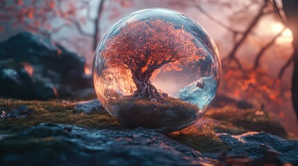 a close up of a glass ball with a tree inside, tree of life inside the ball