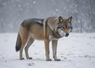 Fototapeta premium A lone Eurasian wolf in a blizzard, deep snow , survival, photography