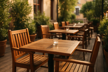 Obraz premium Cozy outdoor restaurant patio with wooden tables and lush greenery on sunny day