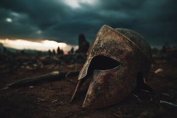 Close up of a spartan helmet on a battlefield with a stormy sky in the background at dusk time