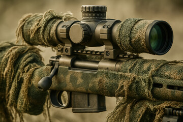 Camouflaged rifle with mounted scope in natural setting, close up of precision optics and tactical gear