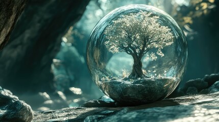 a close up of a glass ball with a tree inside, tree of life inside the ball