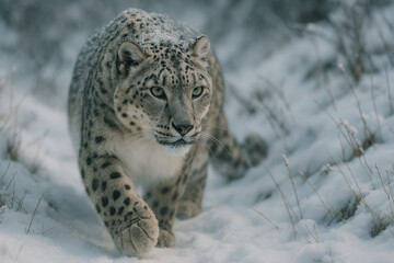 Fototapeta premium Snow leopard prowling through snowy habitat, focused and alert in cold wilderness