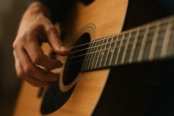 Fototapeta premium Close up of hand strumming acoustic guitar strings, creating music in warm ambient light