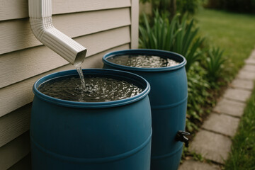Blue rainwater barrels collecting water from downspout in garden
