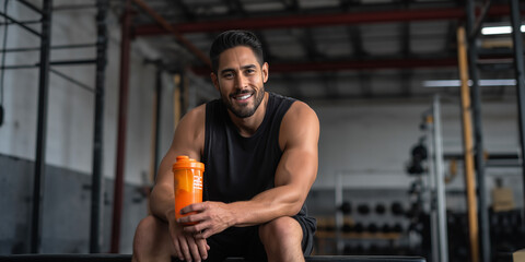 Man sitting in gym holding orange shaker bottle after workout with a smile on his face looking forward