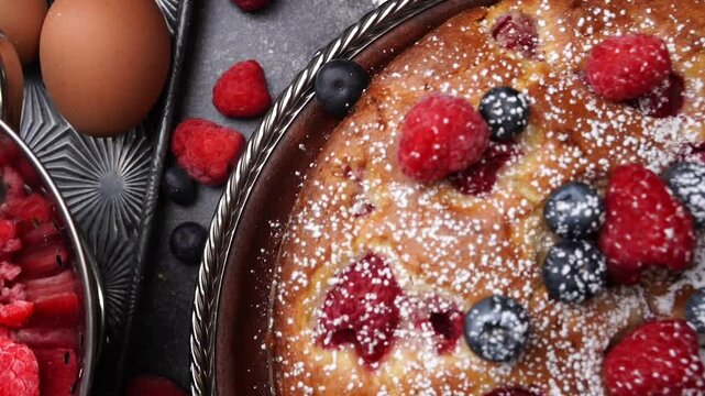 Baking Raspberry Lemon Cake with a few fresh blueberries for a family party.  Fresh berries used in baking a cake.  Confectionery sugar sprinkled on top of a pastry.