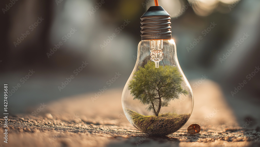 Poster A lightbulb containing a small tree inside rests on a textured surface in a blurred background scene