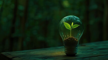 a green light bulb with a plant inside of it, green energy, environmental light