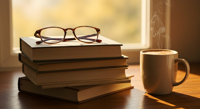 Cozy morning with books and coffee warm beverage by the window enjoying peaceful reading time relaxation at home