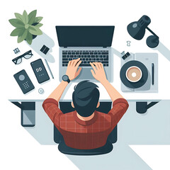 Top-down flat vector illustration of a man using a laptop on a desk, minimal design, clean white space, isolated illustration